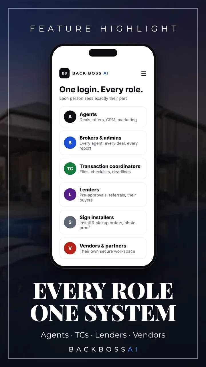 Every role, one system: agents, brokers, TCs, lenders, sign installers and vendors each with their own login (sample data)