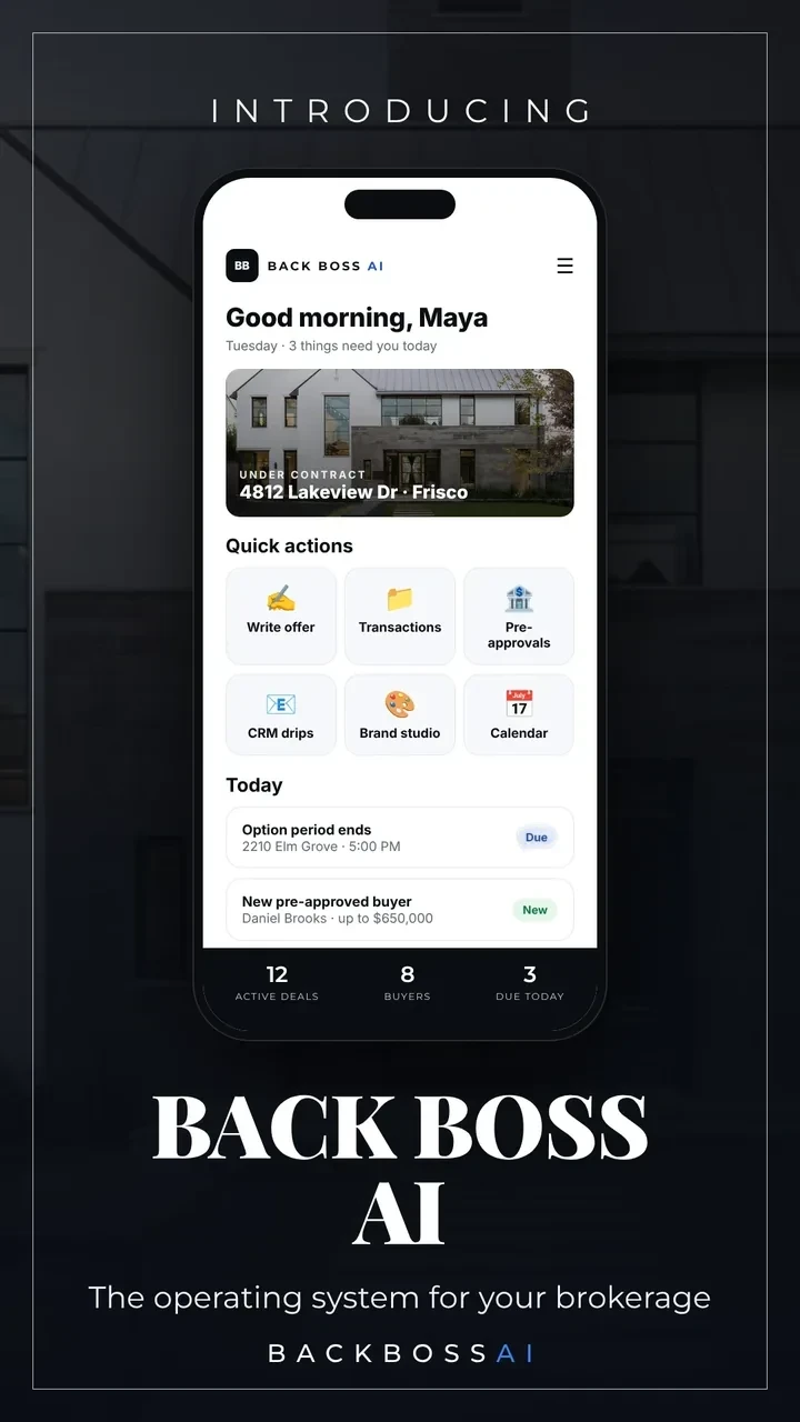 Introducing Back Boss AI: the agent home screen with today's deals, quick actions and deadlines (sample data)