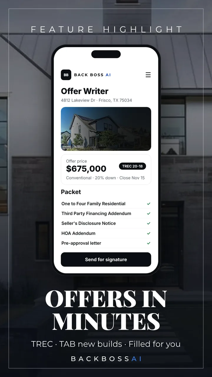 Offers in minutes: the Offer Writer filling a TREC packet with the pre-approval attached (sample data)