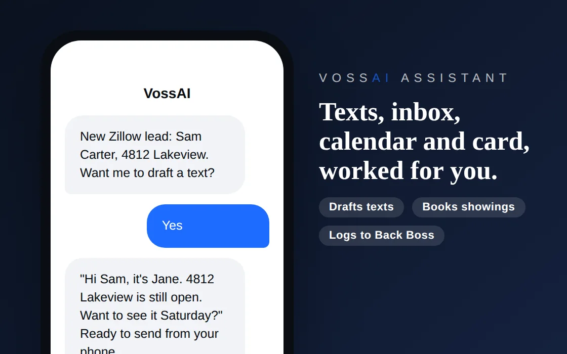 The VossAI Assistant drafting a text to a new lead (sample data)