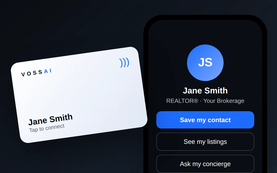 A VossAI tap card and the agent's card page on a phone (sample data)