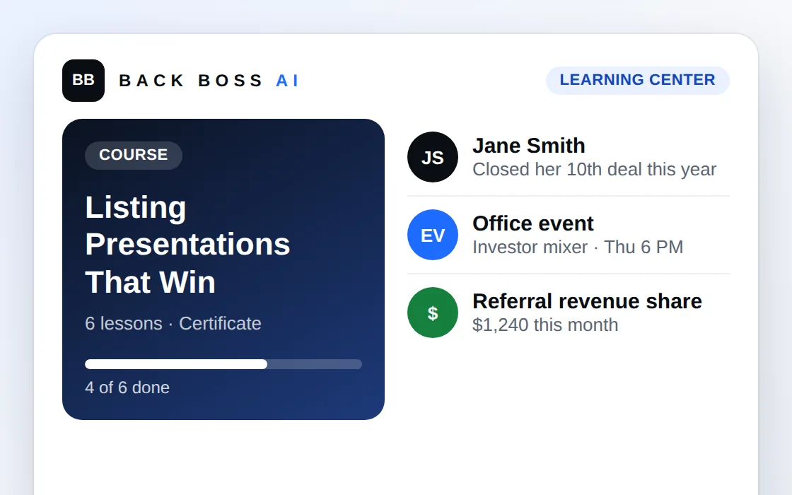 The learning center with a course, office posts and referral revenue (sample data)