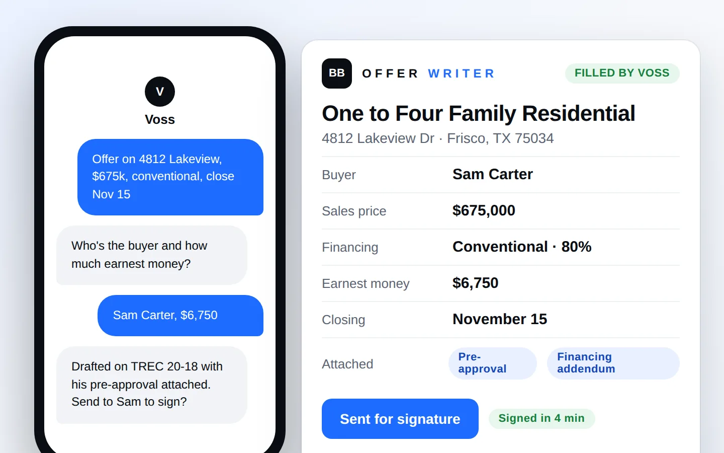 Voss texting with an agent and the contract it filled in, sent for signature (sample data)