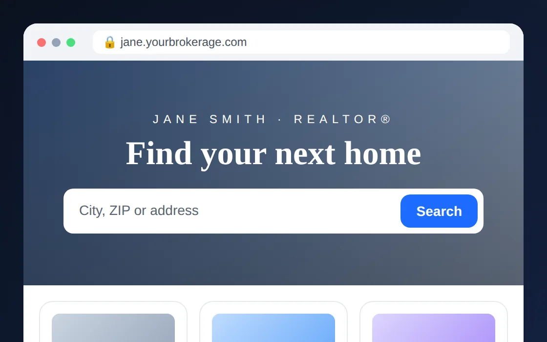 An agent website at jane.yourbrokerage.com with home search (sample data)